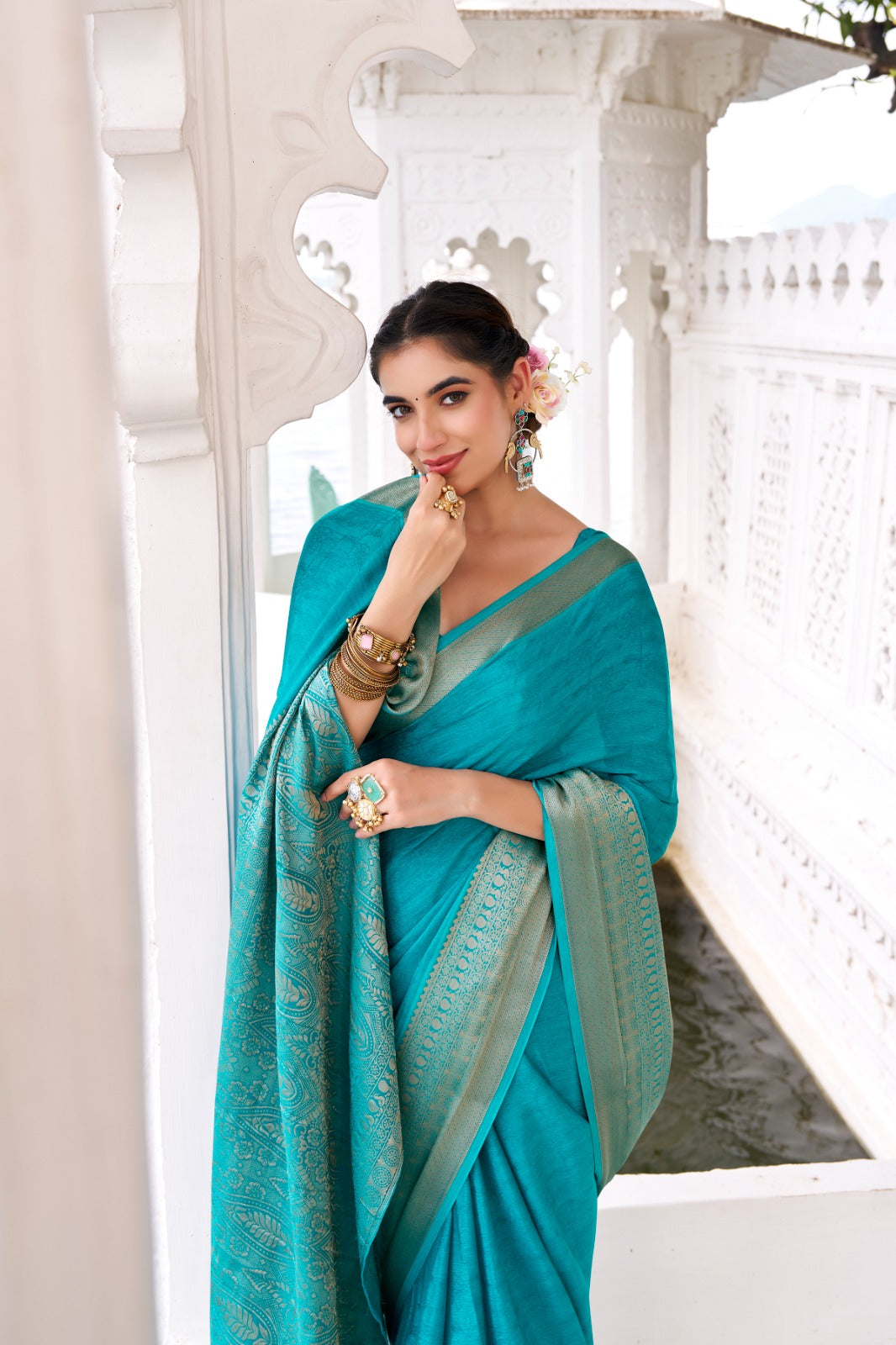 Latest Chinon Chiffon Sarees 209 - Dark Turquoiuse