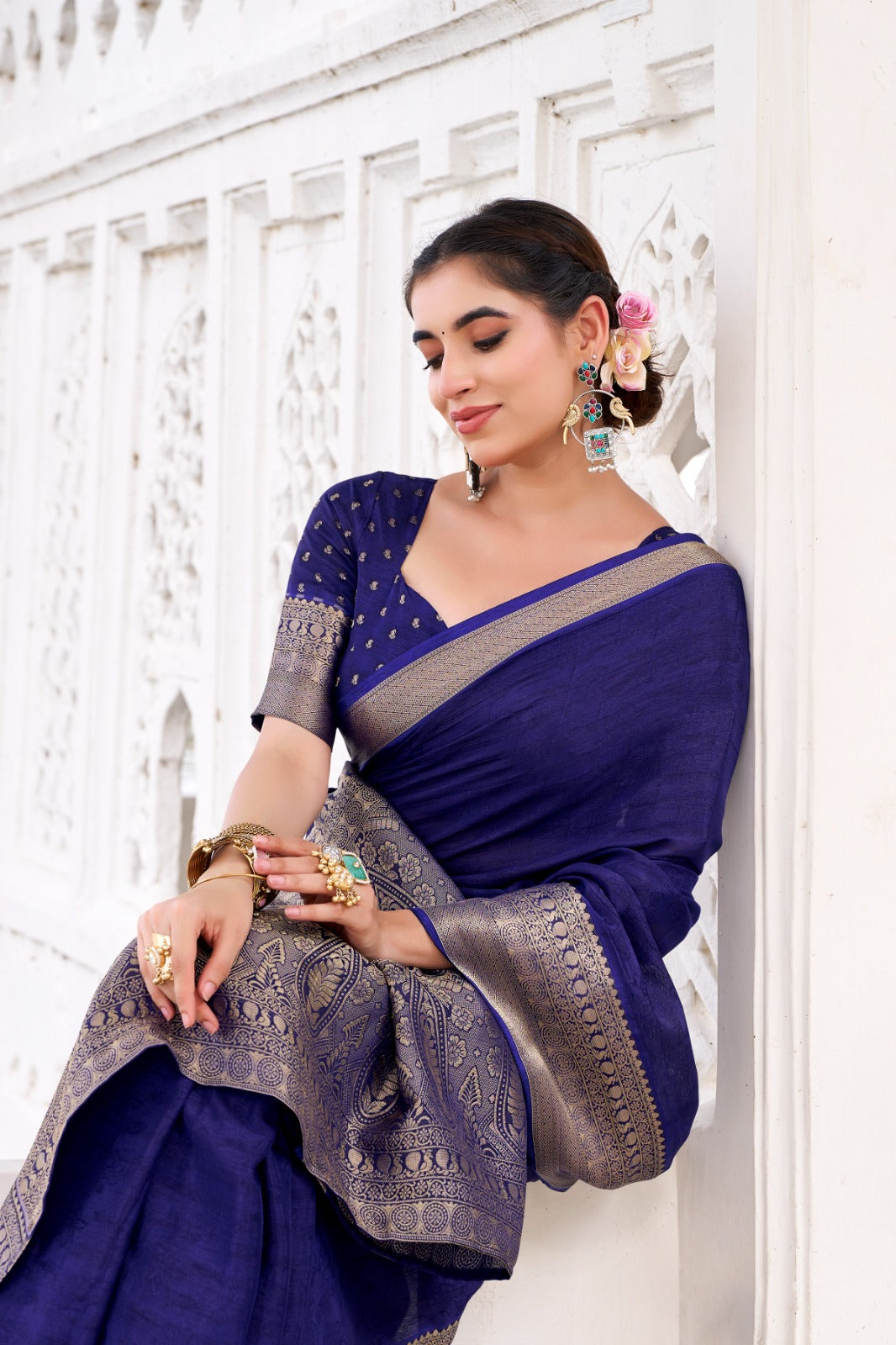 Latest Chinon Chiffon Sarees 209 - Navy Blue