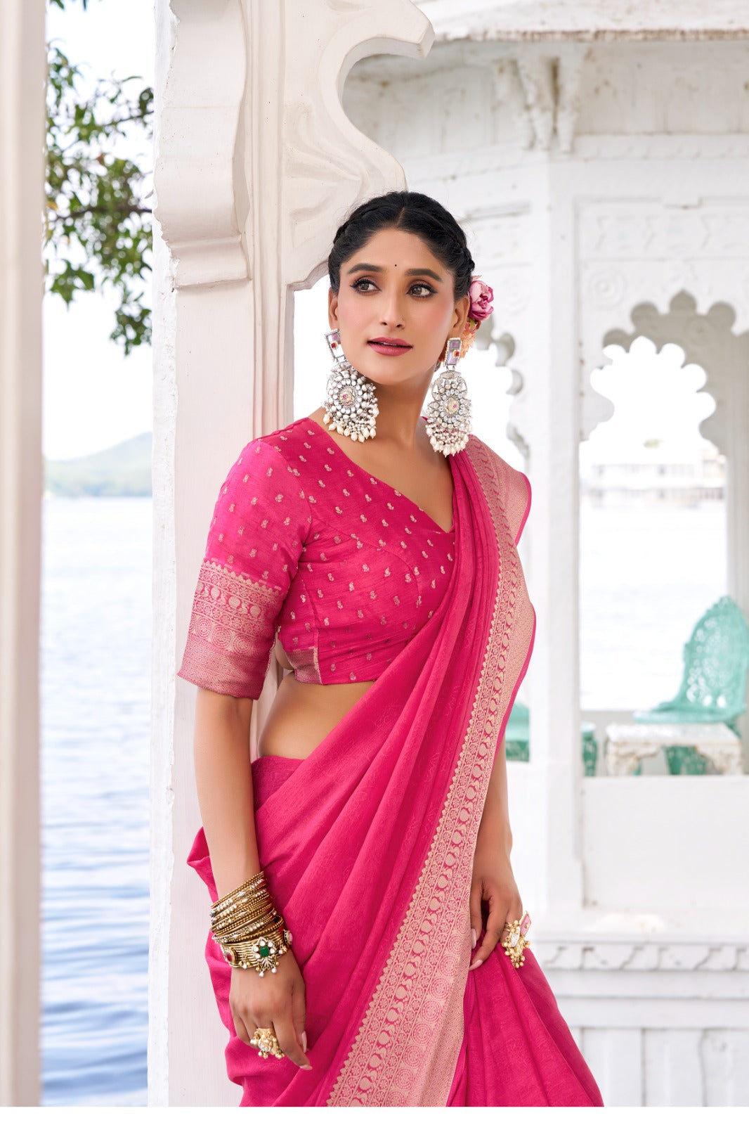 Latest Chinon Chiffon Sarees 209 - Pink