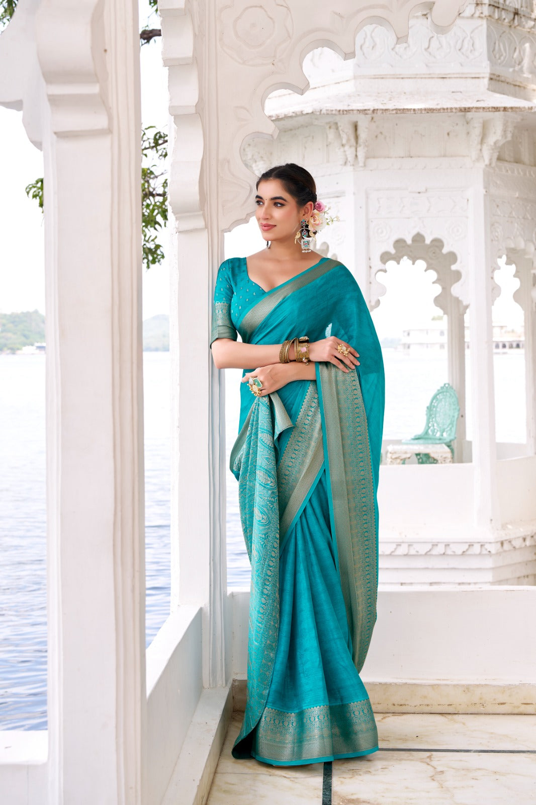 Latest Chinon Chiffon Sarees 209 - Dark Turquoiuse
