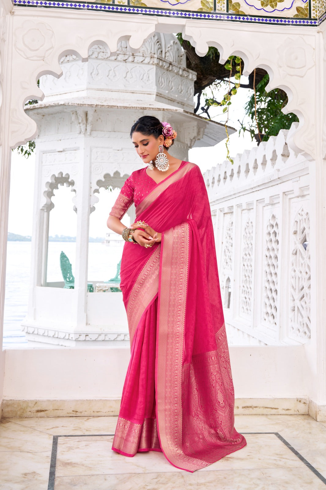 Latest Chinon Chiffon Sarees 209 - Pink