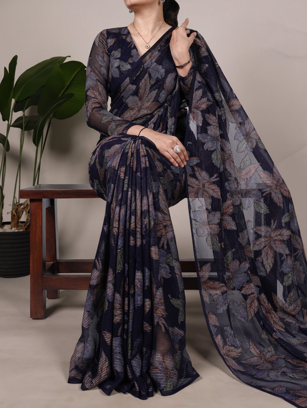 Trendy Floral Lurex Brasso Sarees 409 - Navy Blue