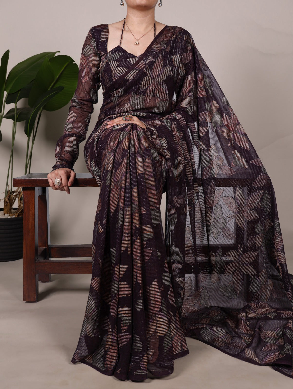 Trendy Floral Lurex Brasso Sarees 409 - Wine