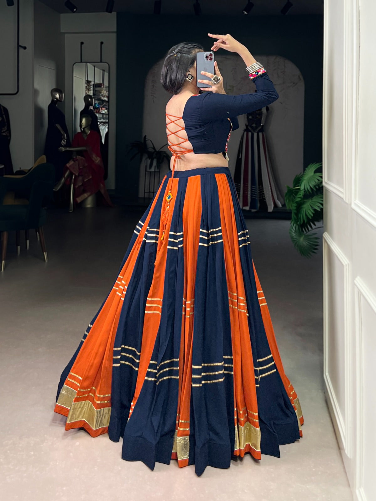 Navratri Orange Navy Blue Lehenga Choli W709