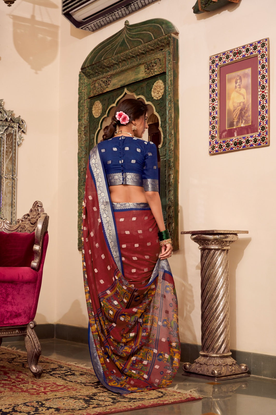 Trendy Cotton Sarees with Kalamkari Print and Zari Border 1009 - Maroon