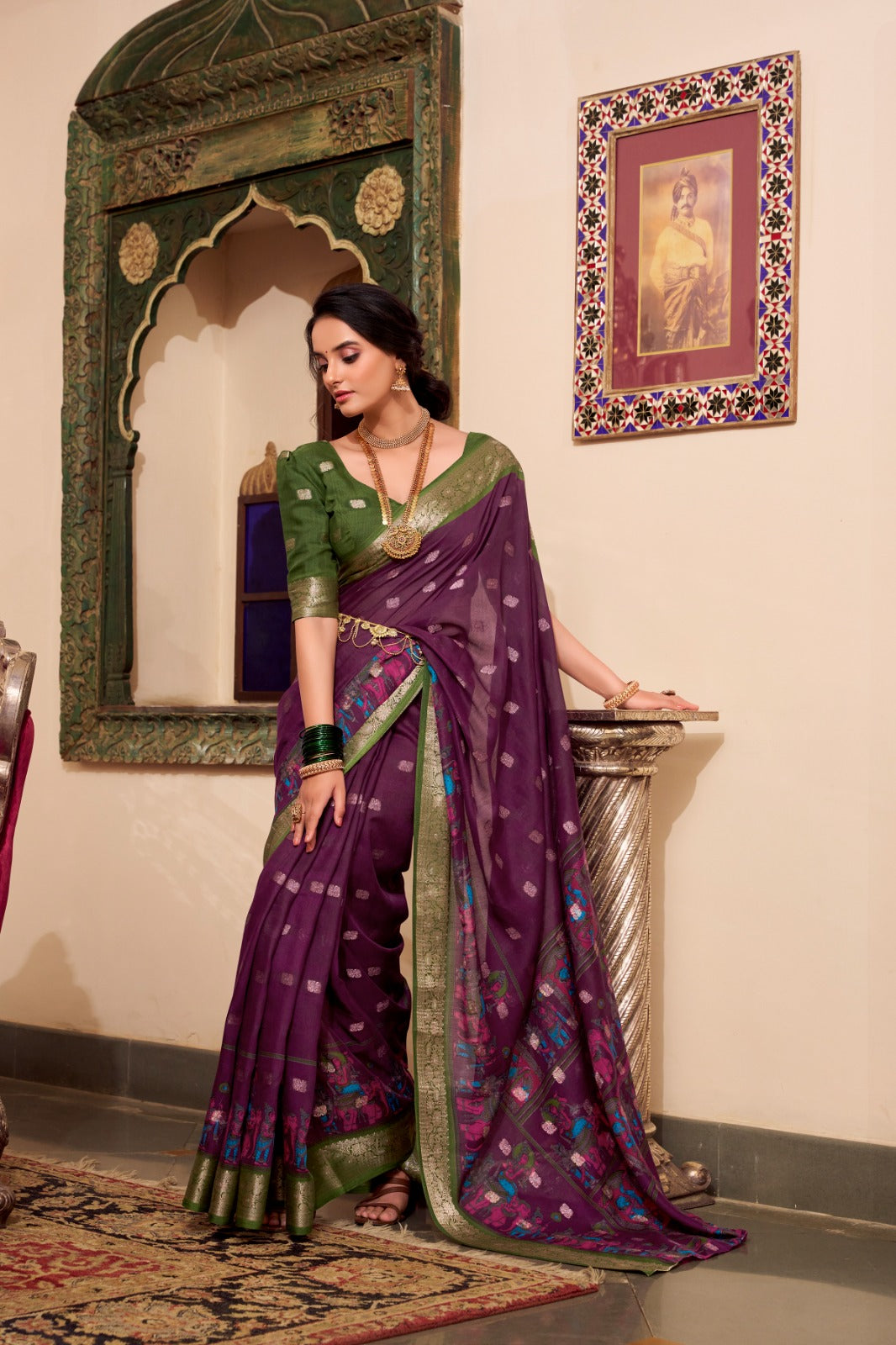 Trendy Cotton Sarees with Kalamkari Print and Zari Border 1009 - Wine