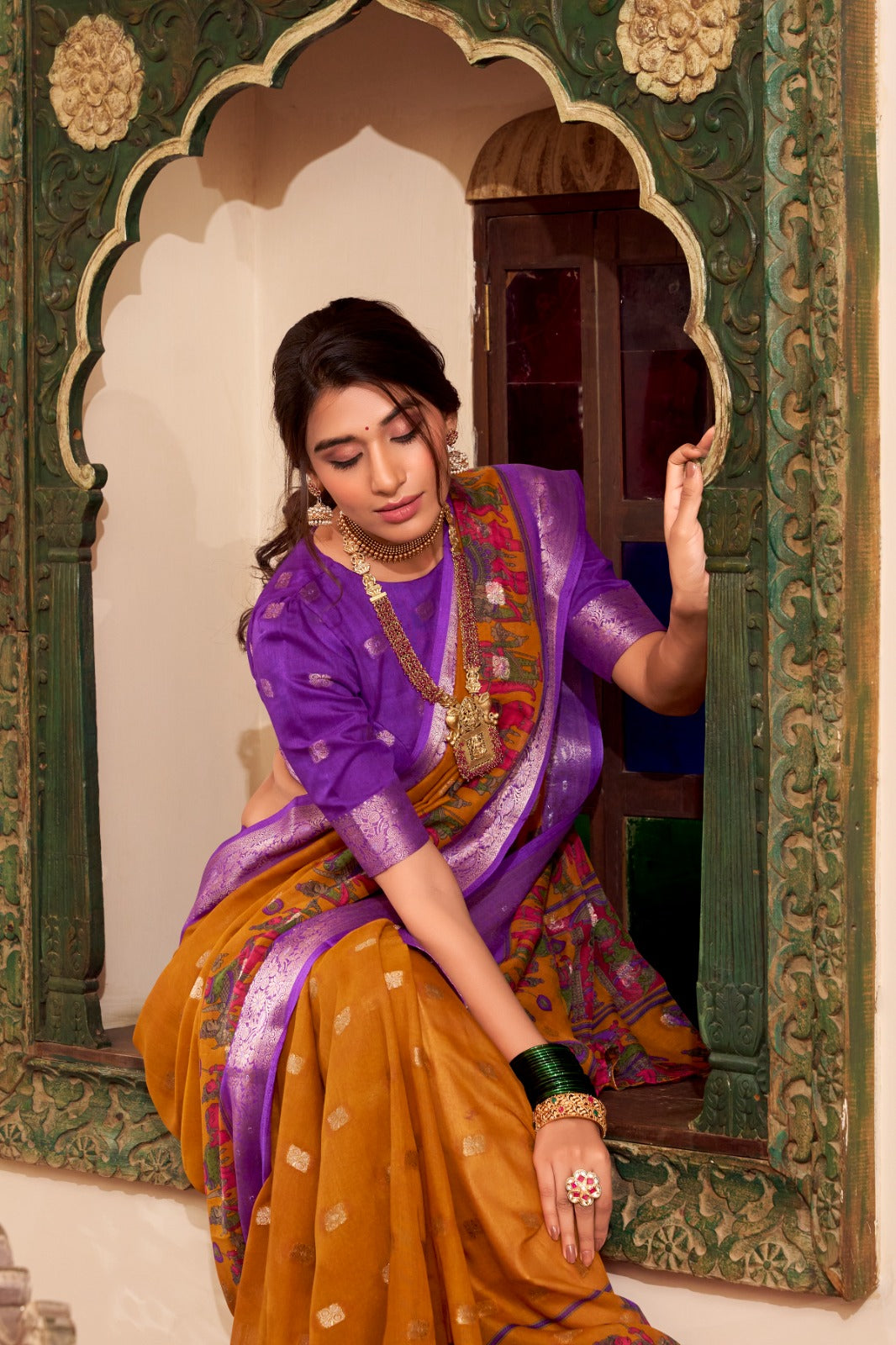 Trendy Cotton Sarees with Kalamkari Print and Zari Border 1009 - Mustard Yellow