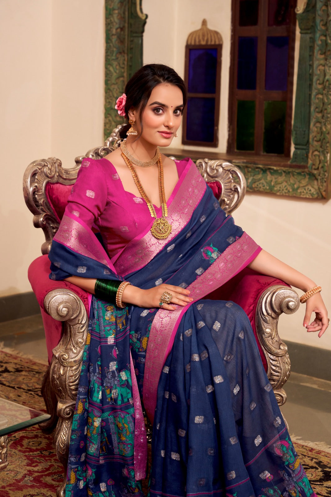 Trendy Cotton Sarees with Kalamkari Print and Zari Border 1009 - Navy Blue