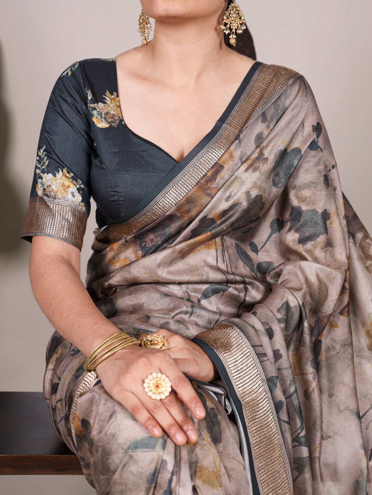 Latest Trendy Floral Sarees 1209 - Biege