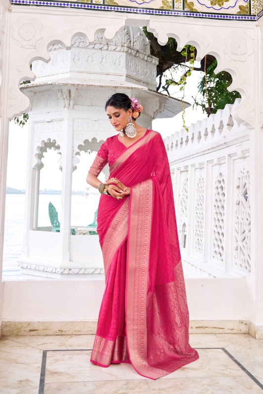 Latest Chinon Chiffon Sarees 209 - Pink