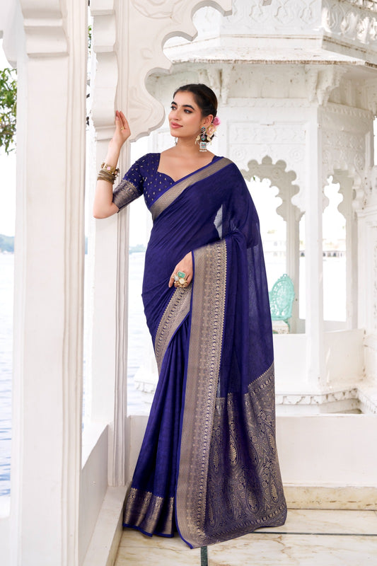 Latest Chinon Chiffon Sarees 209 - Navy Blue