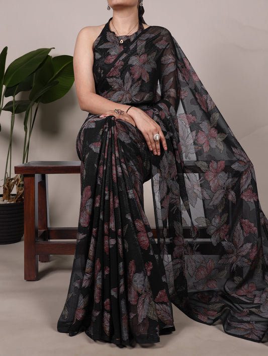 Trendy Floral Lurex Brasso Sarees 409 - Black