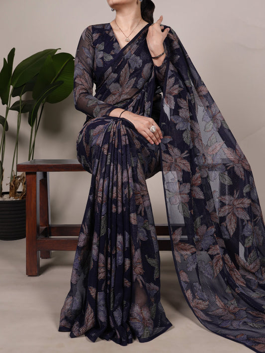 Trendy Floral Lurex Brasso Sarees 409 - Navy Blue