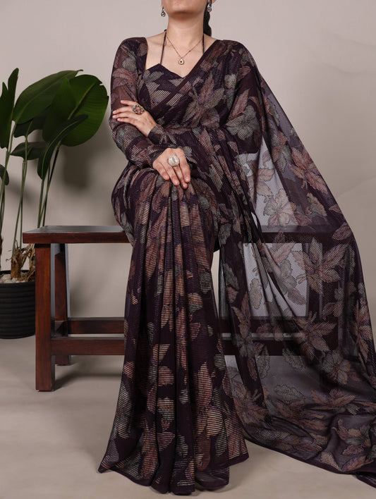 Trendy Floral Lurex Brasso Sarees 409 - Wine