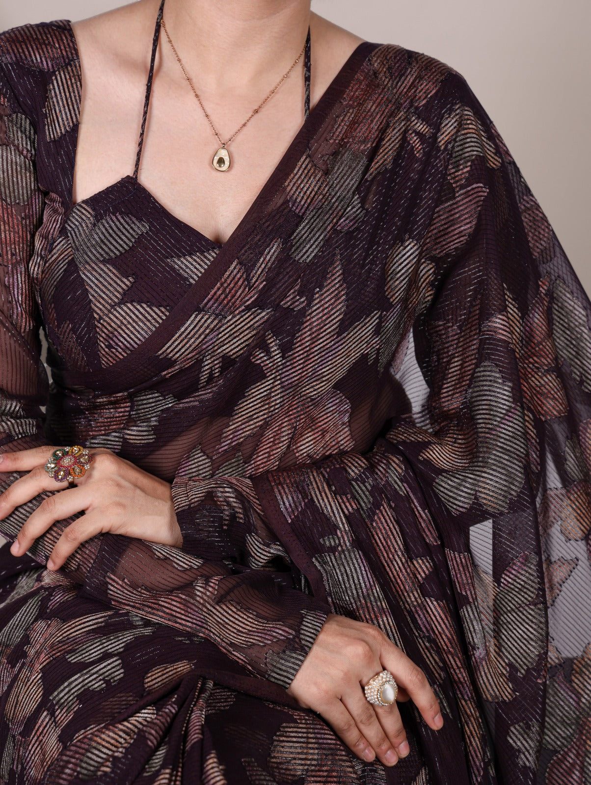 Trendy Floral Lurex Brasso Sarees 409 - Wine