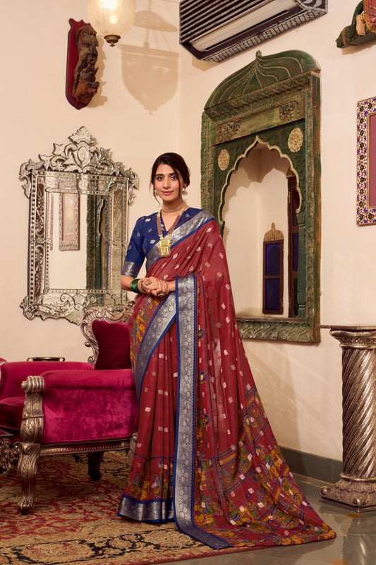 Trendy Cotton Sarees with Kalamkari Print and Zari Border 1009 - Maroon