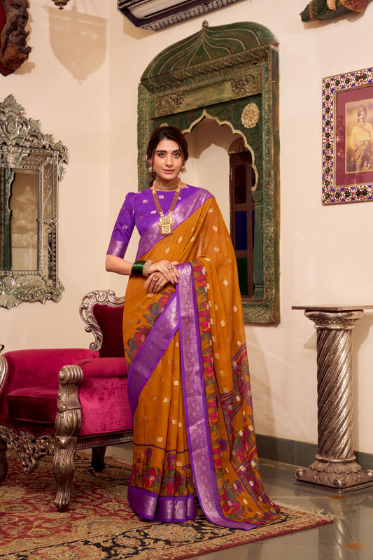 Trendy Cotton Sarees with Kalamkari Print and Zari Border 1009 - Mustard Yellow