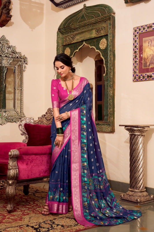 Trendy Cotton Sarees with Kalamkari Print and Zari Border 1009 - Navy Blue