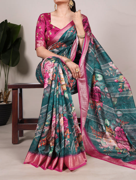 Latest Trendy Floral Sarees 1209 - Turquoise Blue