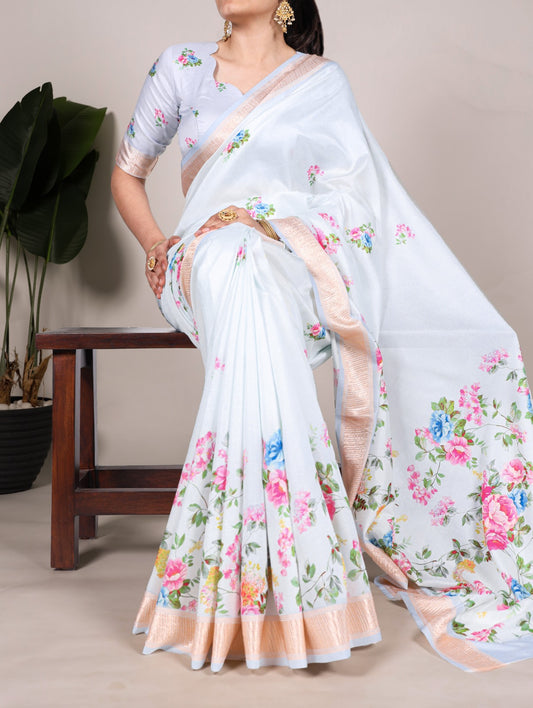 Latest Trendy Floral Sarees 1209 - Pearl White