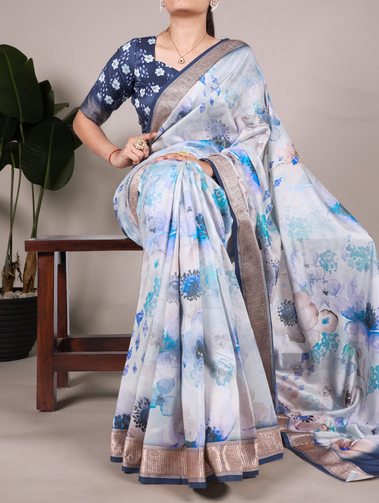 Latest Tussar Silk Sarees 1609 - White Floral Print
