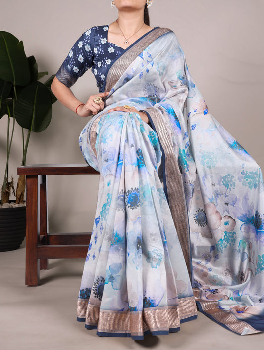 Latest Tussar Silk Sarees 1609 - White Floral Print