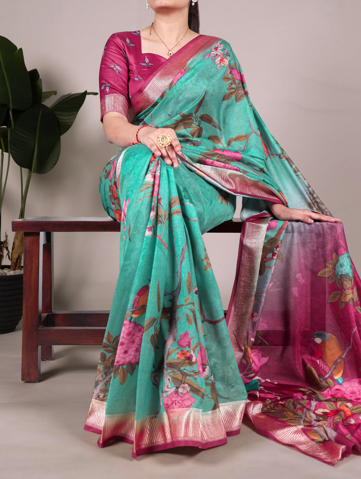 Latest Tussar Silk Sarees 1609 - Green Floral Print