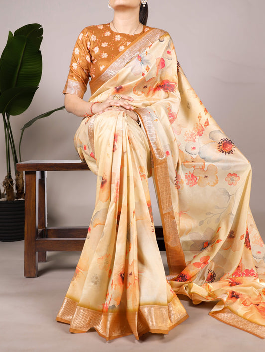 Latest Tussar Silk Sarees 1609 - Cream Floral Print