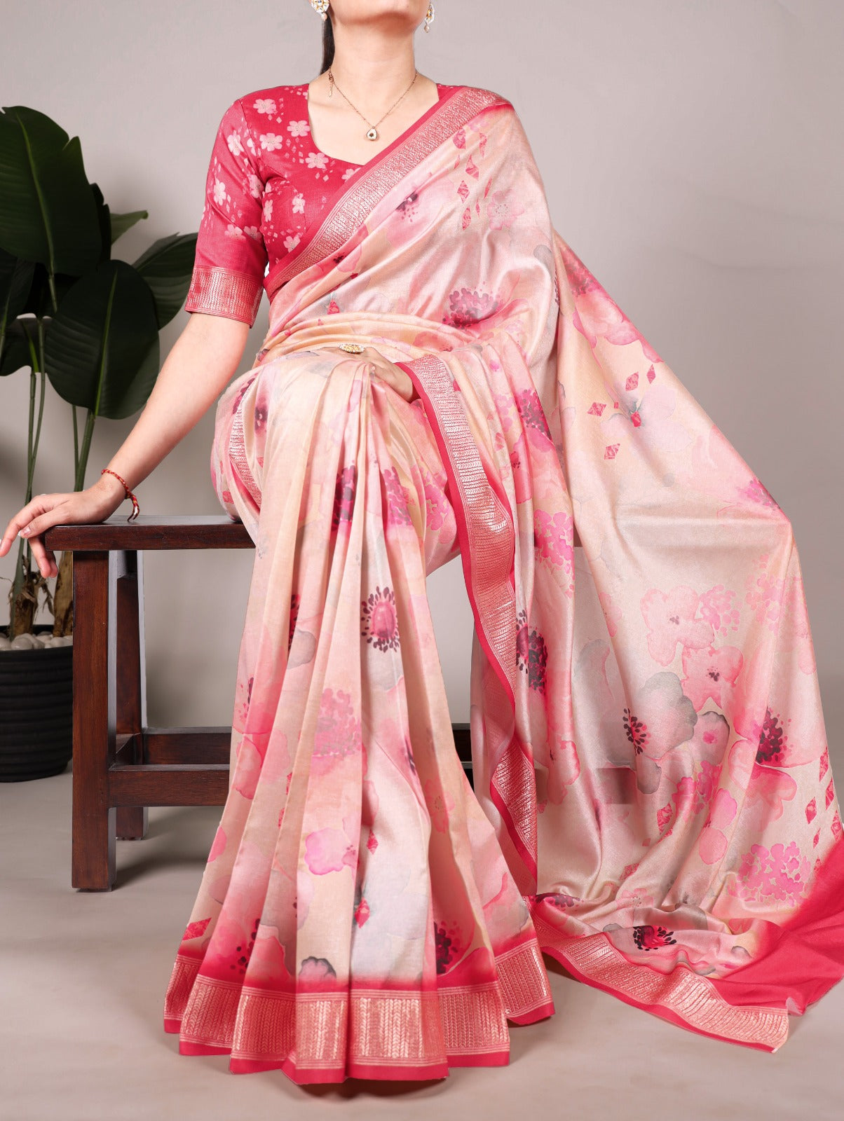 Latest Tussar Silk Sarees 1609 - Peach Floral Print