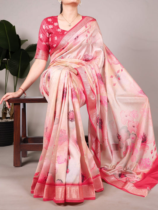 Latest Tussar Silk Sarees 1609 - Peach Floral Print