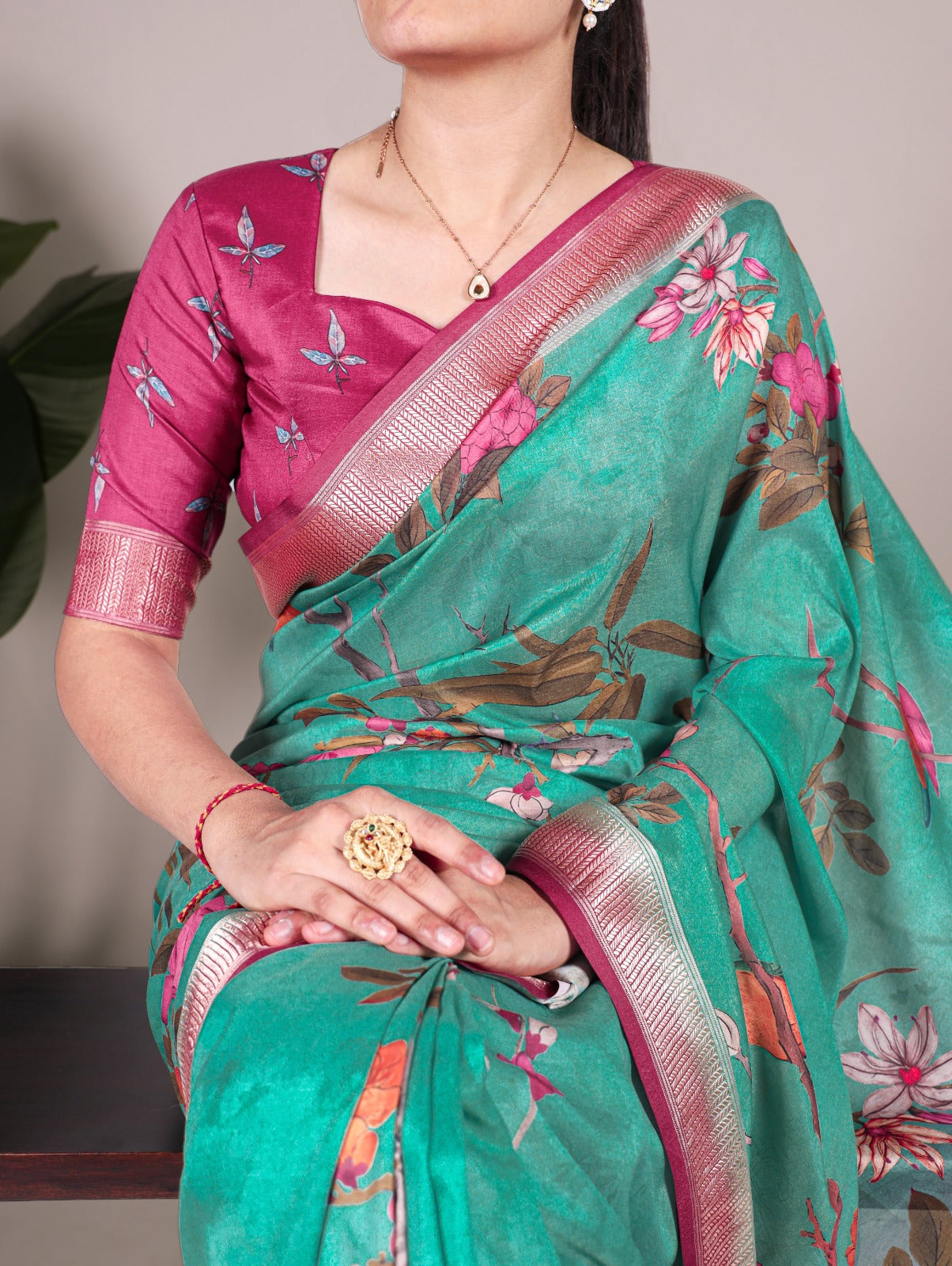 Latest Tussar Silk Sarees 1609 - Green Floral Print