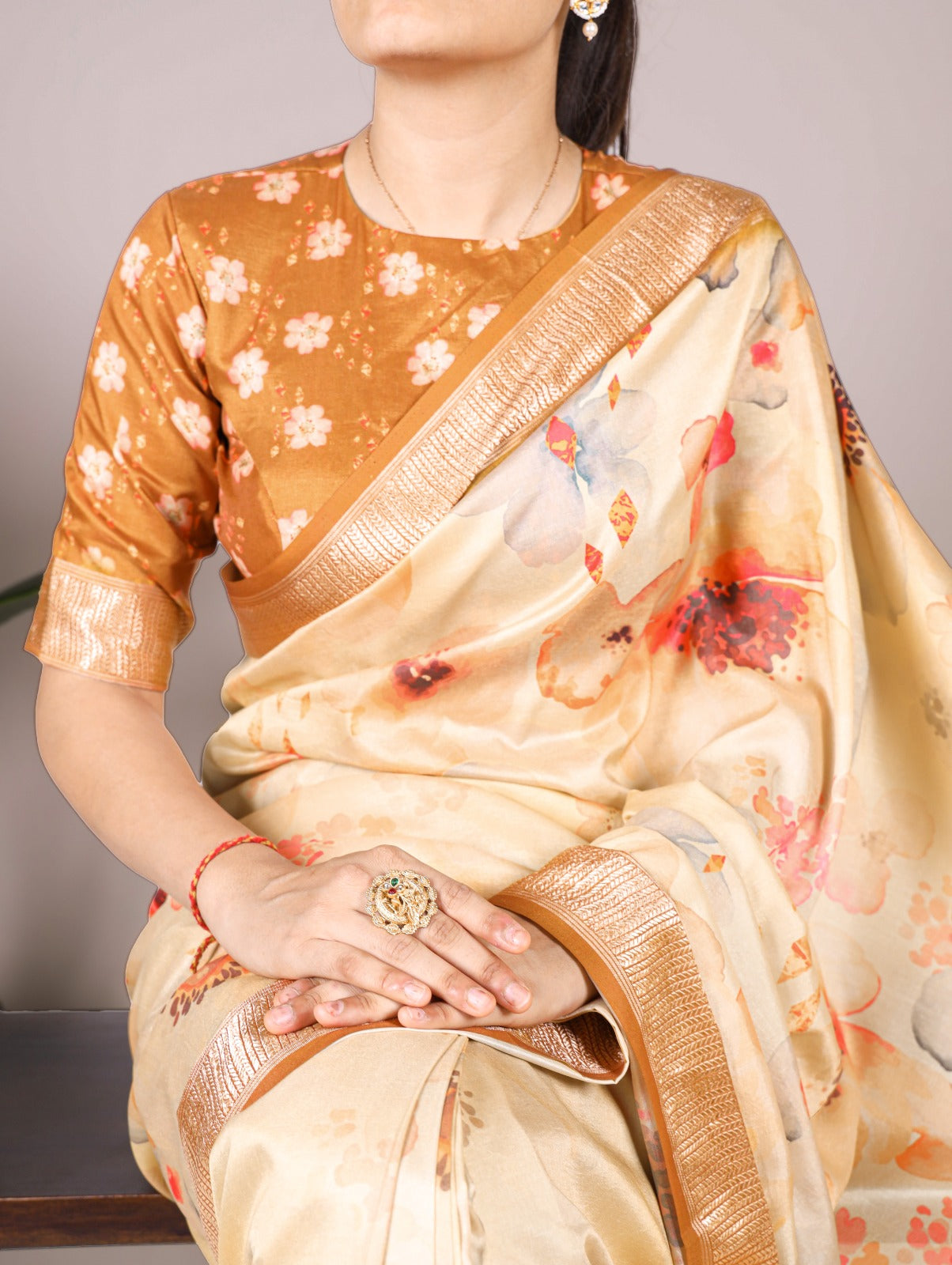 Latest Tussar Silk Sarees 1609 - Cream Floral Print