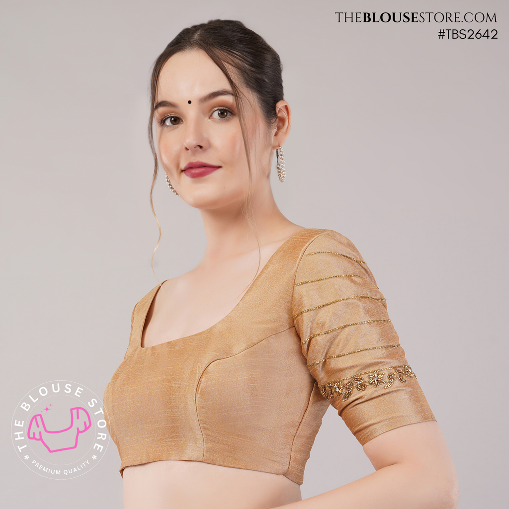 Golden Dusk Dupion Silk Blouse | Designer Saree Blouse with Embellished Sleeves & Deep Back – TBS2642