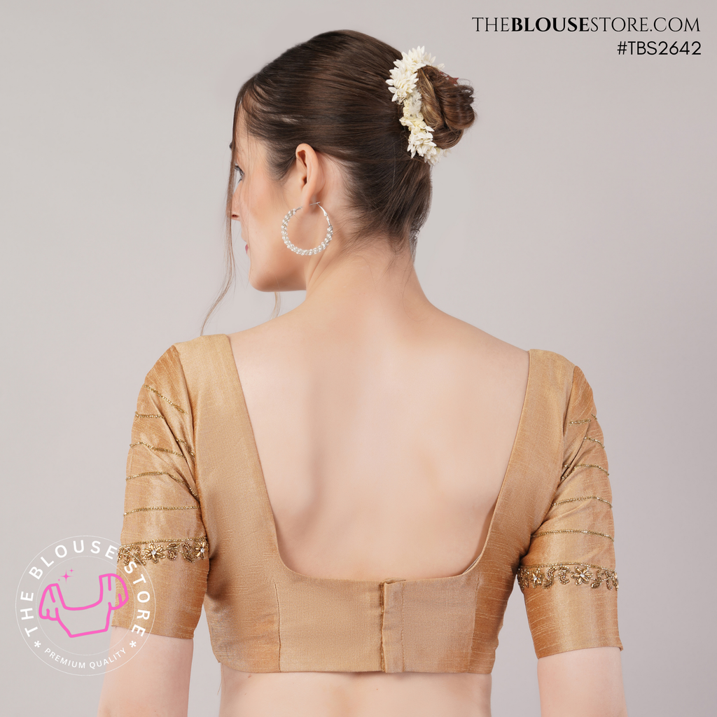 Golden Dusk Dupion Silk Blouse | Designer Saree Blouse with Embellished Sleeves & Deep Back – TBS2642