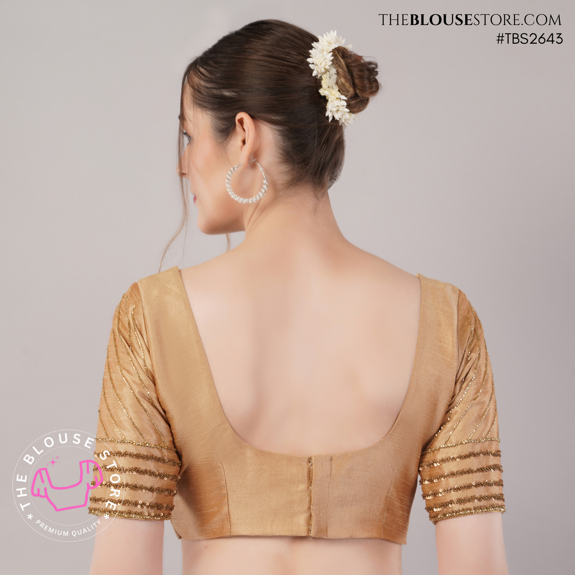 Golden Dusk Dupion Silk Blouse | Designer Saree Blouse with Embellished Sleeves & Deep Back – TBS2643