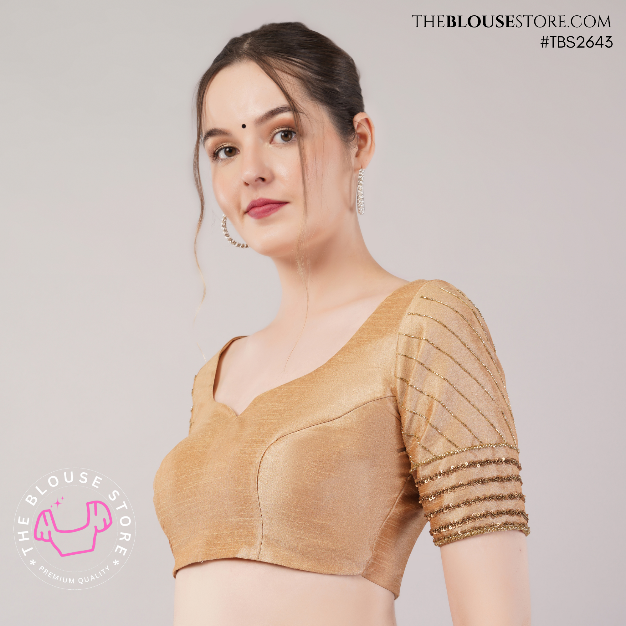 Golden Dusk Dupion Silk Blouse | Designer Saree Blouse with Embellished Sleeves & Deep Back – TBS2643