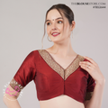 Wine Maroon Dupion Silk Designer Blouse with Antique Gold V-Neck & Brocade Border | TBS2644
