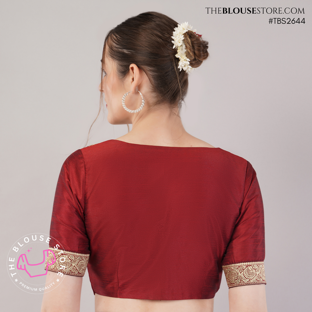 Wine Maroon Dupion Silk Designer Blouse with Antique Gold V-Neck & Brocade Border | TBS2644