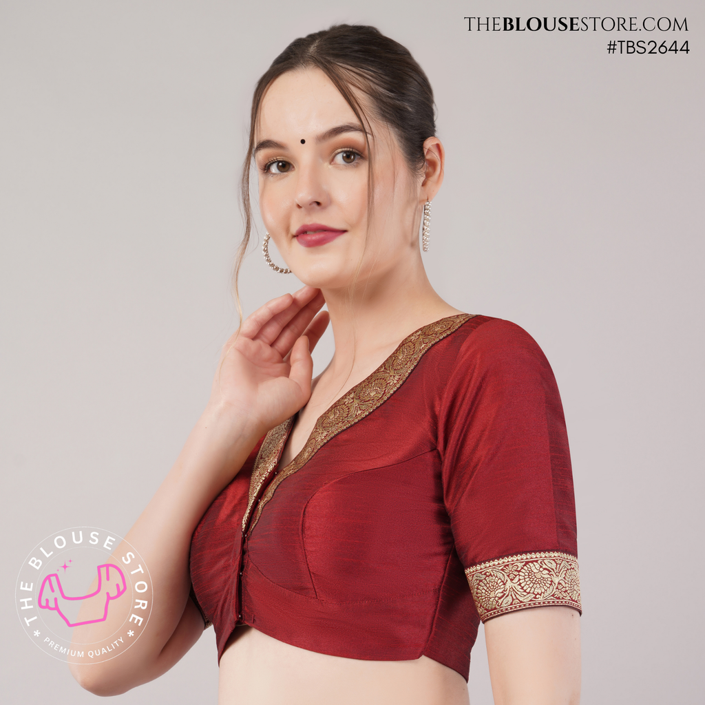 Wine Maroon Dupion Silk Designer Blouse with Antique Gold V-Neck & Brocade Border | TBS2644
