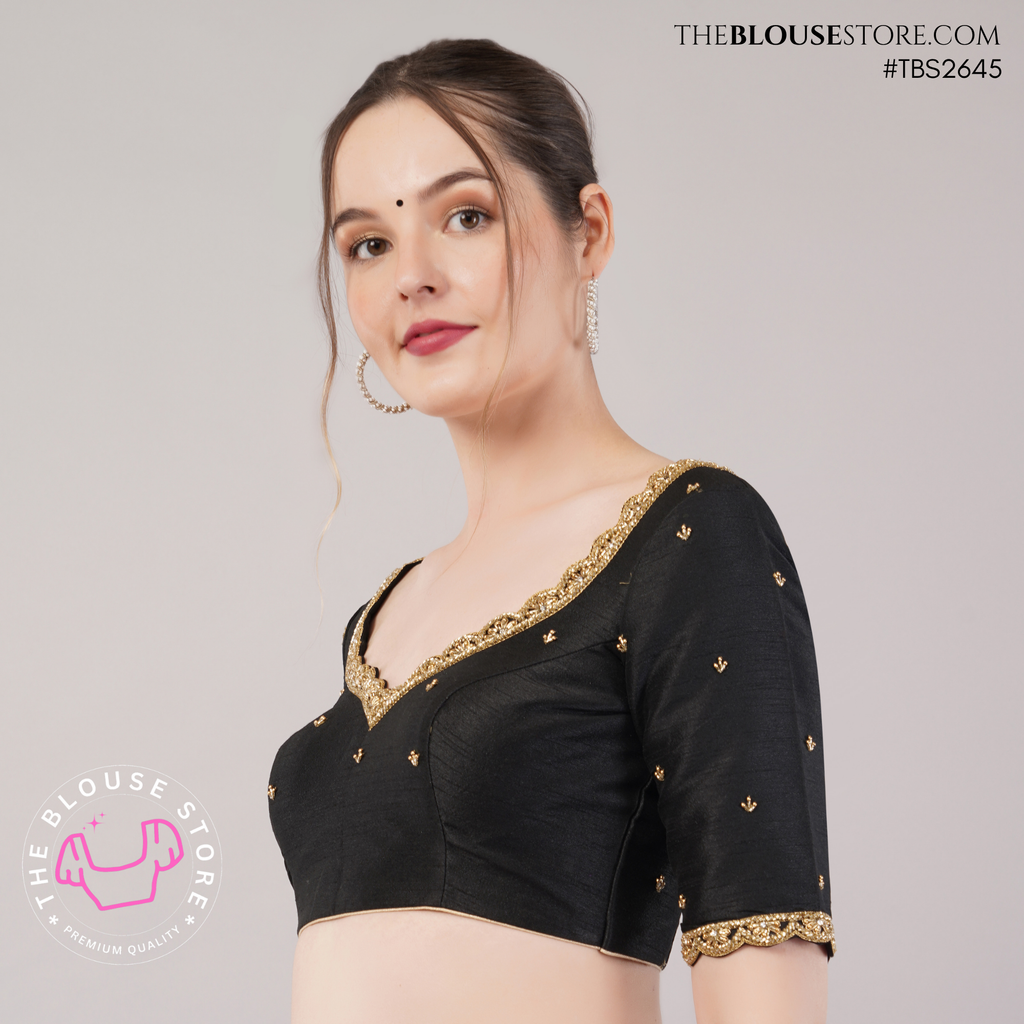 Black Dupion Silk Designer Blouse with Antique Gold Lace & Deep Back – TBS2645