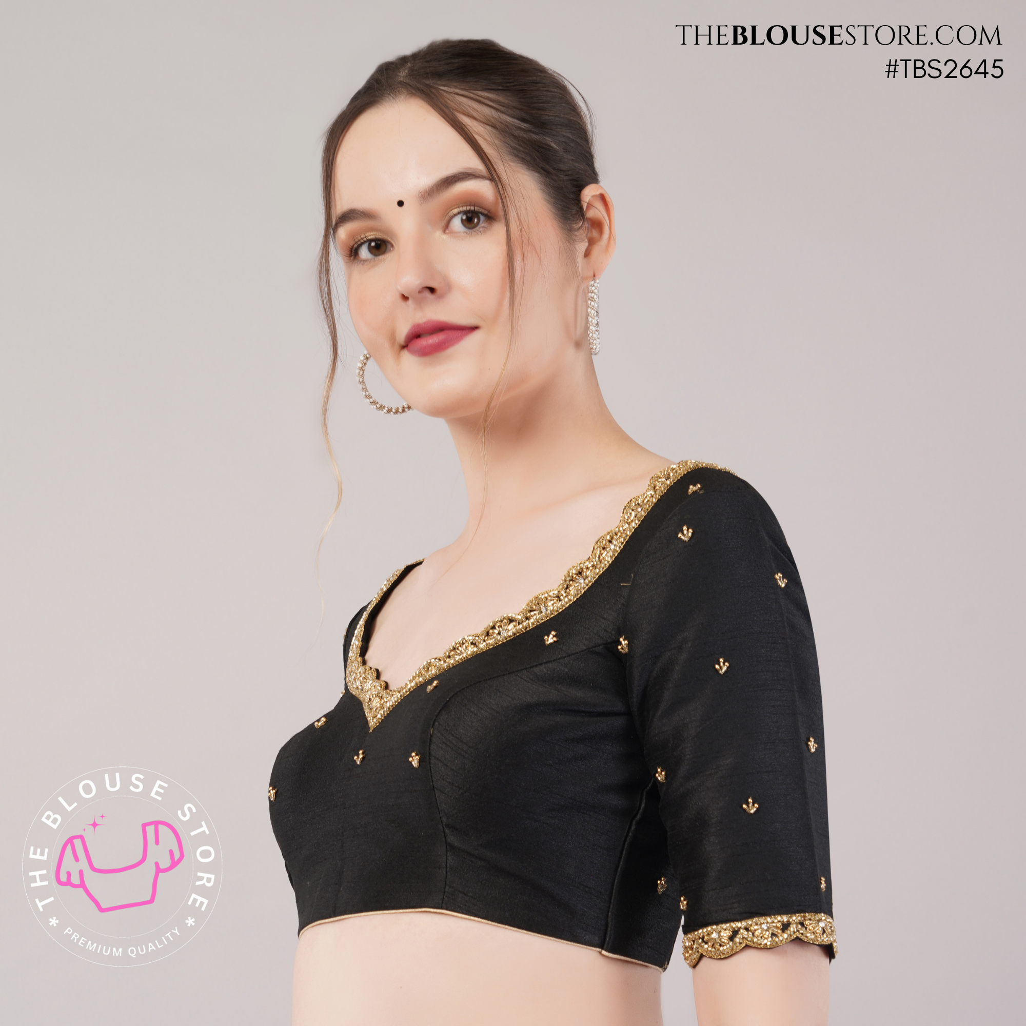 Black Dupion Silk Designer Blouse with Antique Gold Lace & Deep Back – TBS2645