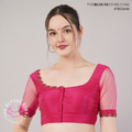 Rani Pink Dupion Silk Designer Blouse with Sheer Soft Silk Sleeves & Gold Embroidery - TBS2646