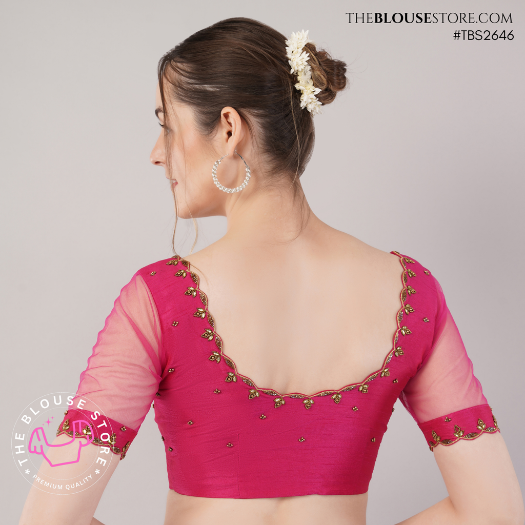 Rani Pink Dupion Silk Designer Blouse with Sheer Soft Silk Sleeves & Gold Embroidery - TBS2646