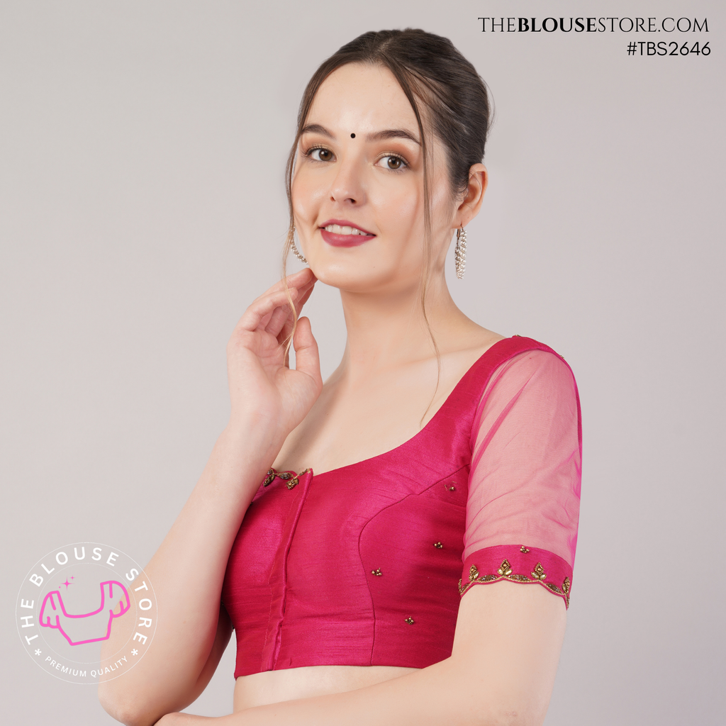 Rani Pink Dupion Silk Designer Blouse with Sheer Soft Silk Sleeves & Gold Embroidery - TBS2646