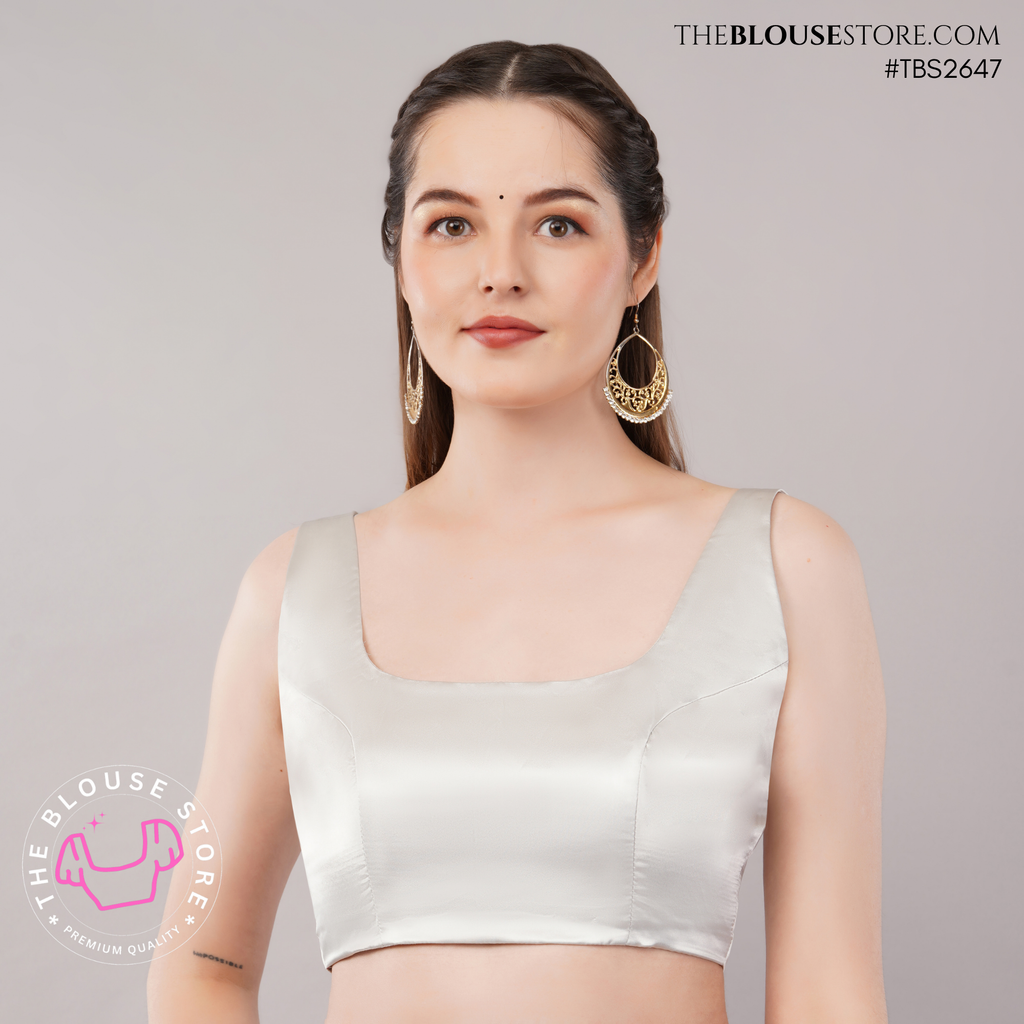 Ivory Satin Classic Blouse | Square Neck Designer Saree Blouse with Deep Back – TBS2647