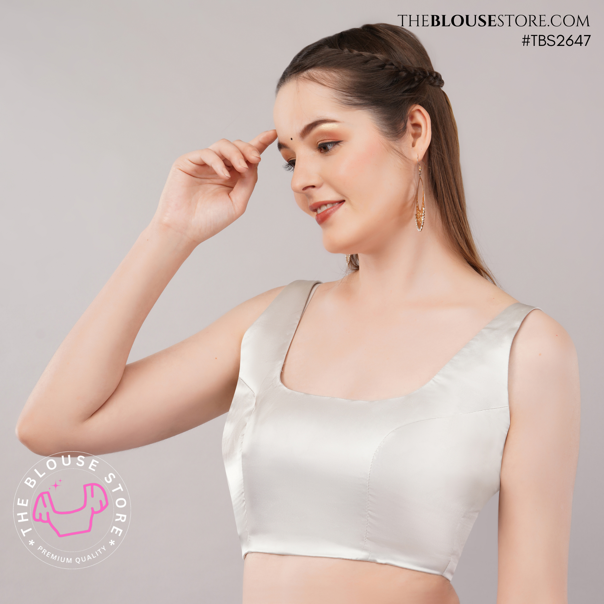 Ivory Satin Classic Blouse | Square Neck Designer Saree Blouse with Deep Back – TBS2647