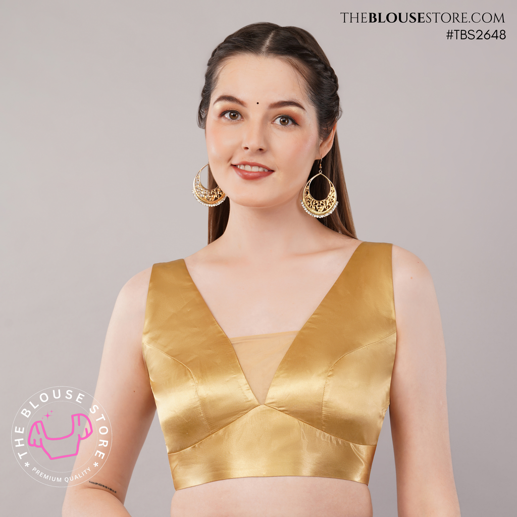 Golden Satin Statement Blouse | V-Neck Designer Saree Blouse with Open Back – TBS2648