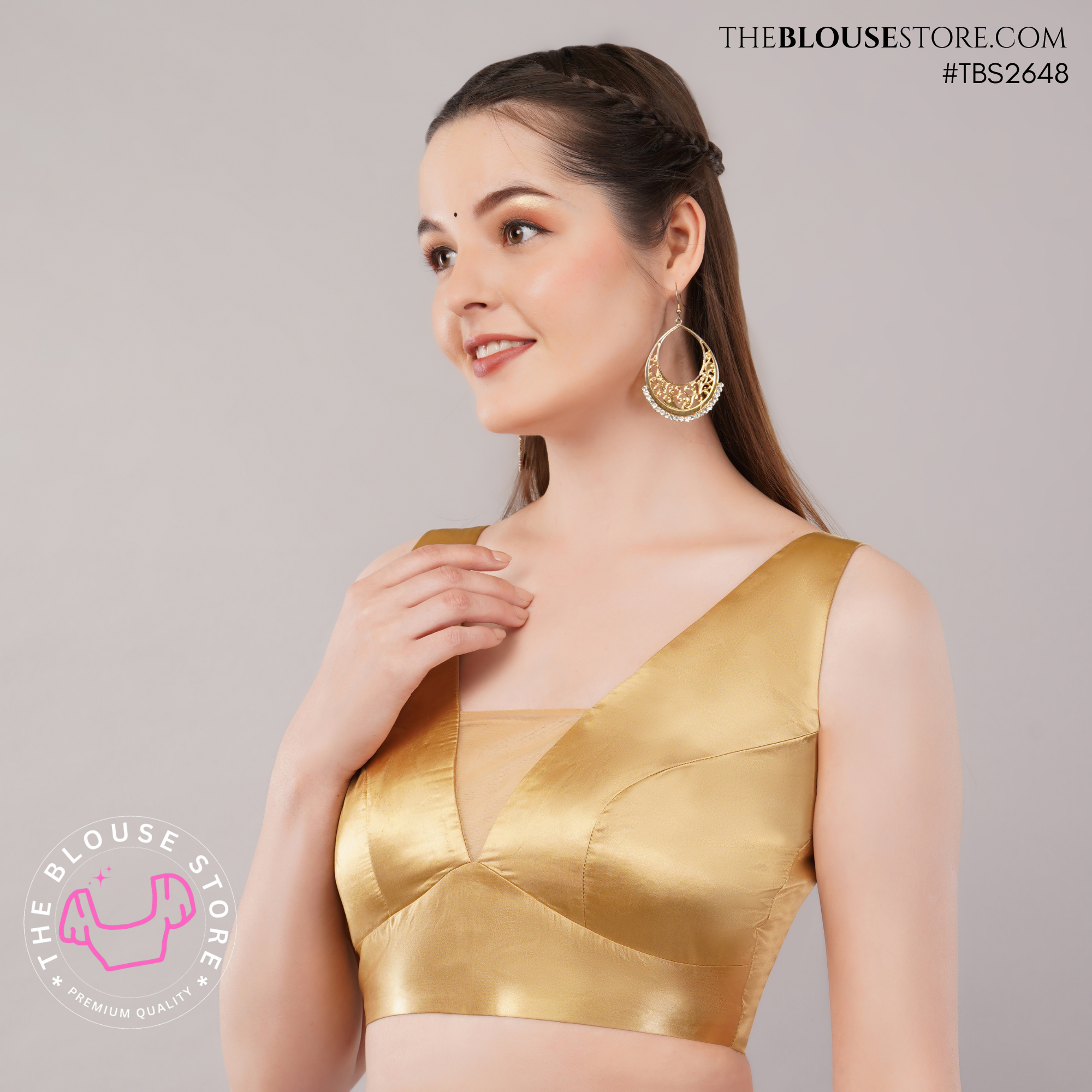 Golden Satin Statement Blouse | V-Neck Designer Saree Blouse with Open Back – TBS2648
