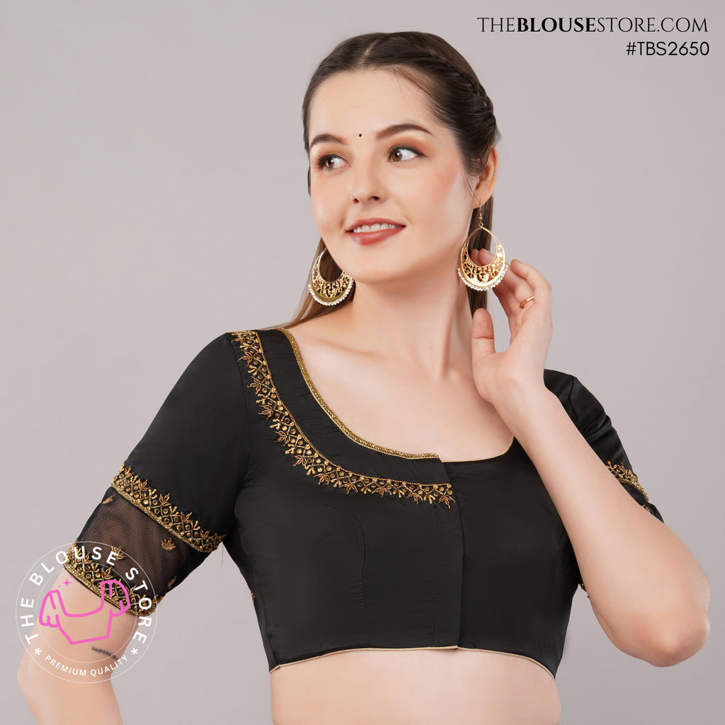 Black Raw Silk Handwork Embroidered Blouse | Designer Saree Blouse with Sheer Sleeves | TBS2650