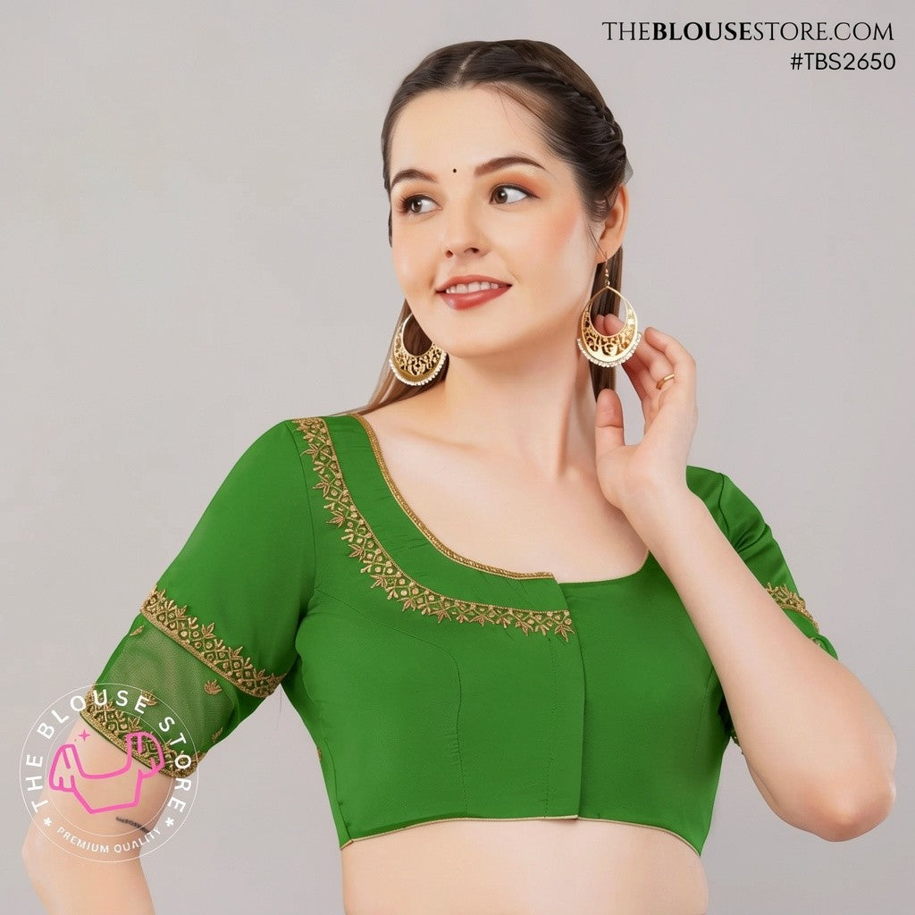 Black Raw Silk Handwork Embroidered Blouse | Designer Saree Blouse with Sheer Sleeves | TBS2650